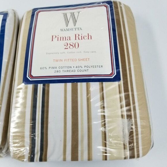 Vintage Wamsutta Pima Rich Striped Twin Fitted Sheets Lot 2 Brown Beige NEW - Picture 2 of 3